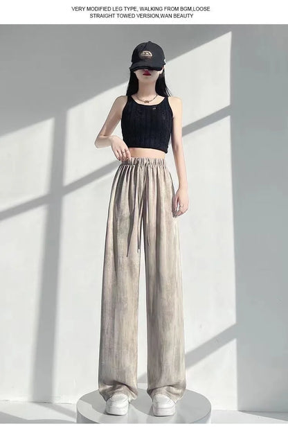 Summer Loose Straight Casual Draped Ice Silk Tie-Dye Wide-Leg Pants Grils Mosquito-proof Casual Trousers Women's Wide-leg Pants