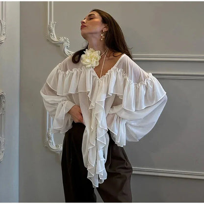 Sexy See-through Chiffon Top V-neck Long Sleeve Beach Party Shirt Trans-seasonal Women's Low Cut Shirt Ruffle Solid Color Tops
