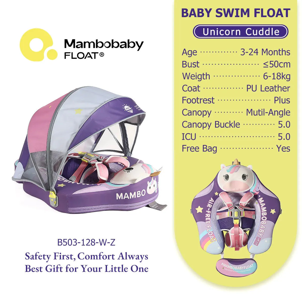 Mambobaby Float Safe Solid Core ST-Unicorn B503-143-W-Z Comfort Always: Skin-friendly Coat Baby Swimming Ring Toddler Pool Float