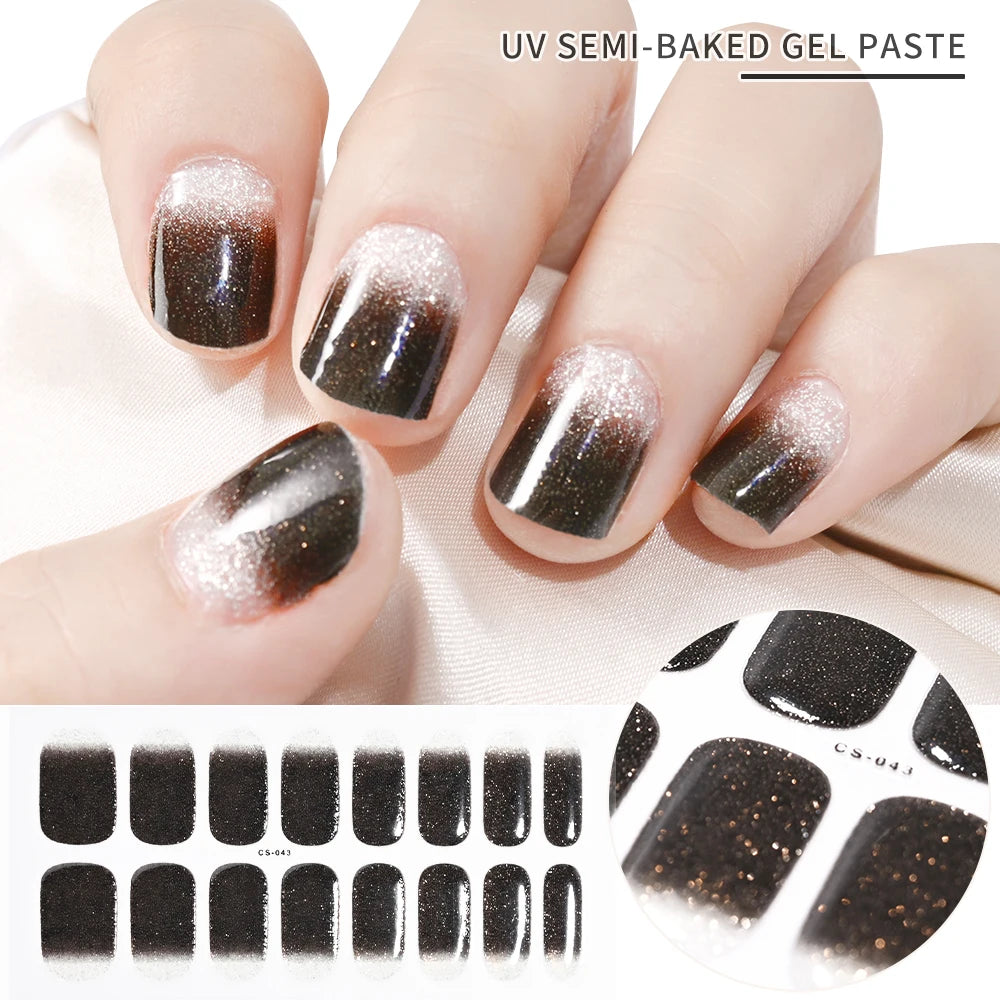 1Sheet Cured Gel Nail Strips Sticker Long-Lasting Nail Polish Strips Wraps Full Cover Gel Nail Art Stickers UV/LED Lamp Required