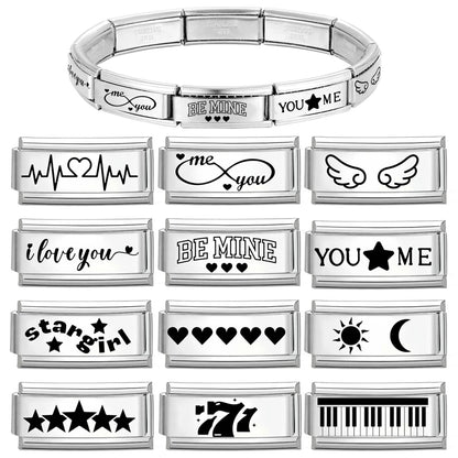 Laser Engraving Piano Heart Star Wings NO.7 Lips Italian Charm Links Fit 9mm Bracelet Stainless Steel Men Women DIY Making Gifts