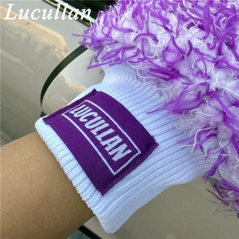 Lucullan Logo Premium Purple Microfiber Glove Super Absorbency Foam Stitch Inner Lining Car Wash Mitt