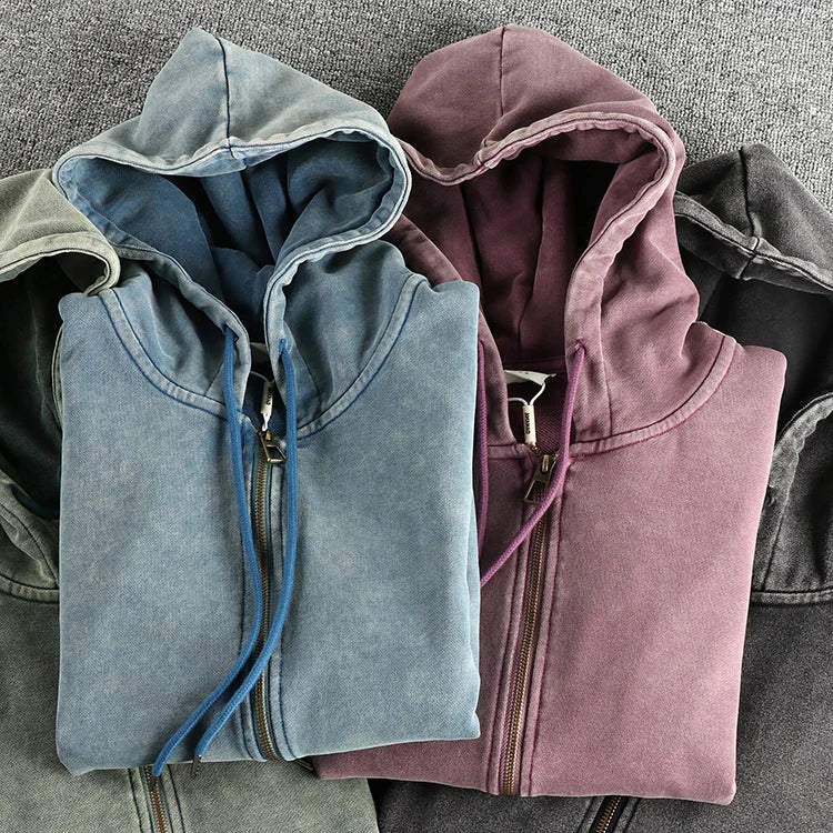 Heavy wash vintage high street trend hoodie men's chunky wool cotton comfort cardigan coat