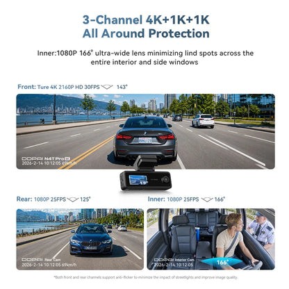 【New】DDPAI N4T Pro Dash Cam 3-Channel HDR 4K+1080P+1080P Front Rear Interior Night Vision ADAS DVR Support 4G Parking Monitoring