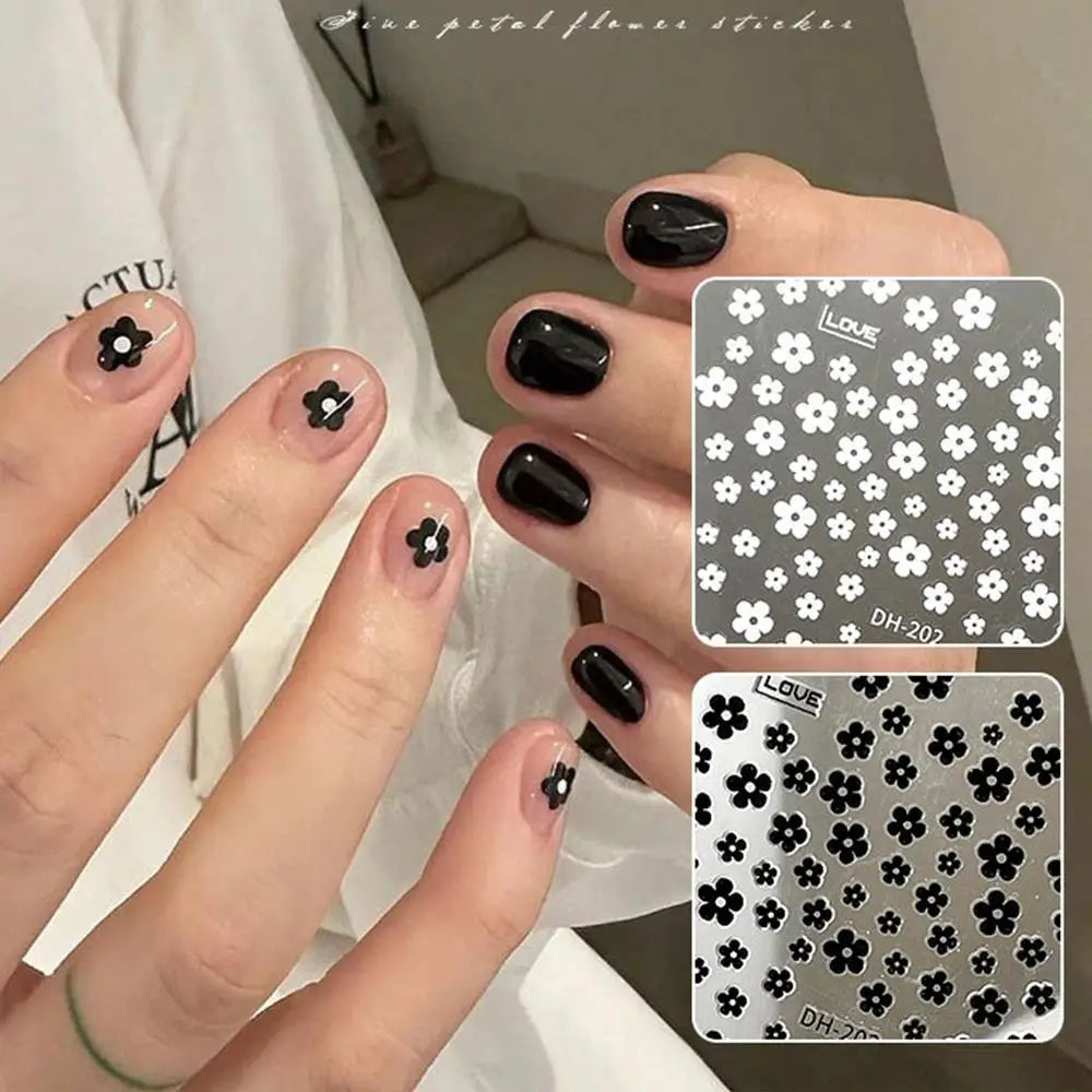 1Pcs 3D Black White 5-Petal Flowers Nail Stickers Mini Florals Self-Adhesive Nail Decals Fresh Bloom Manicure Decorations Slider