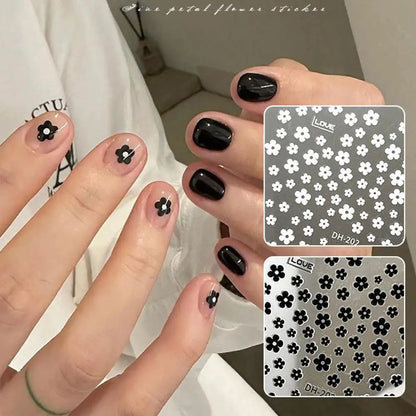 1Pcs 3D Black White 5-Petal Flowers Nail Stickers Mini Florals Self-Adhesive Nail Decals Fresh Bloom Manicure Decorations Slider