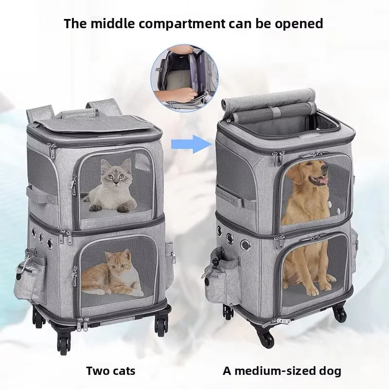 Double Backpack Foldeable Lightweight Pet Stroller For Two Dogs And Cats Outdoor Travel With 4 Wheels