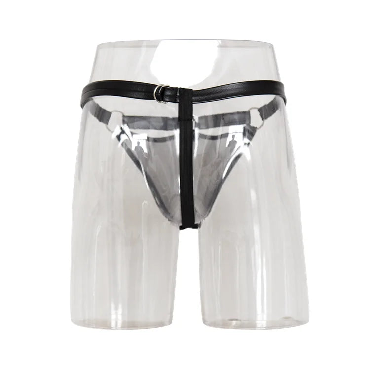 Erotic Underwear Thong PU Leather Male Chastity Panties Cock Penis Sleeve Ring Harness Straps BDSM Restraint  Belt for Men