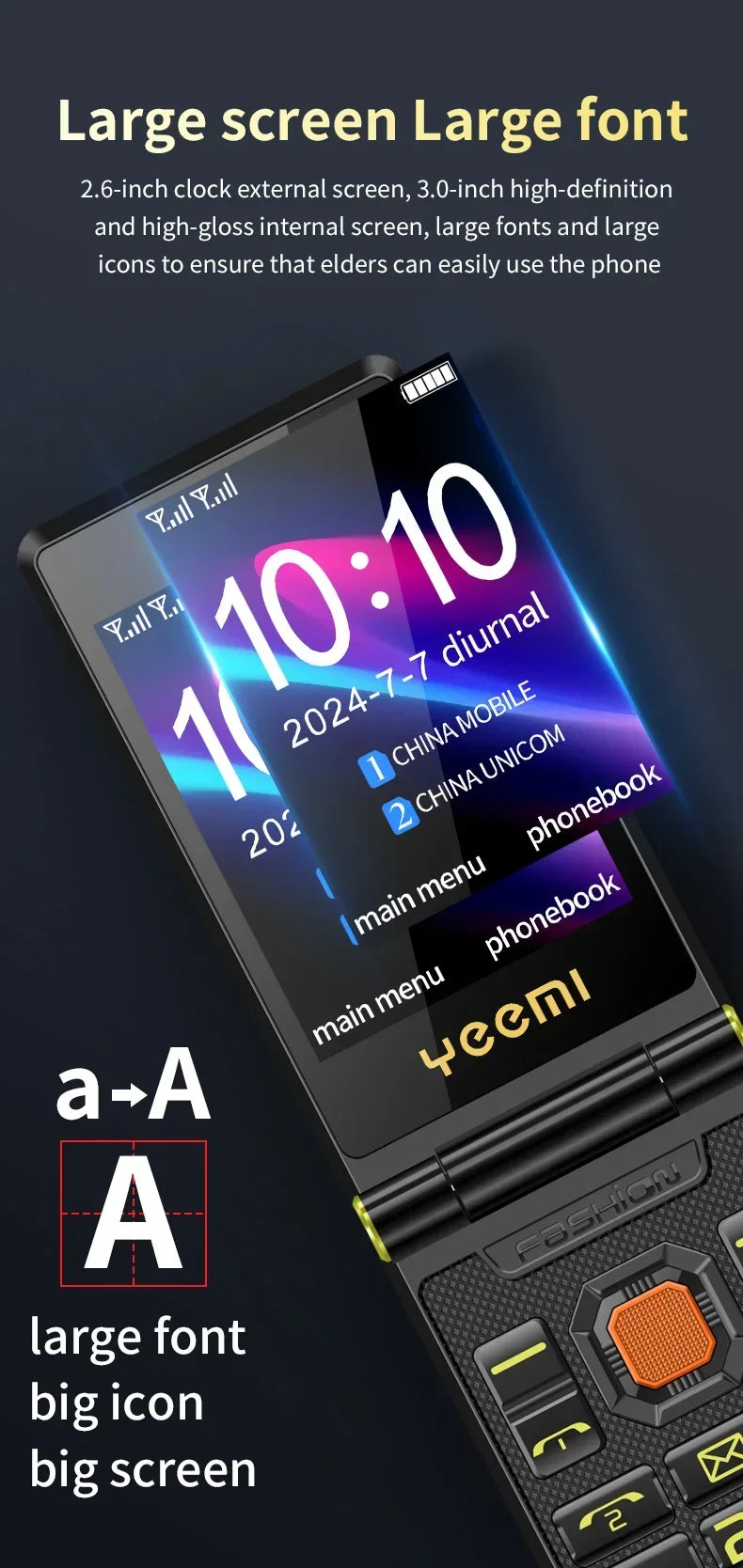 YeeMI M7+ 4G Rugged Feature Phone Big Button Full Band Flip Phone Dual SIM Dual Screen Cellphone For Old Man 6800mAh Big Battery