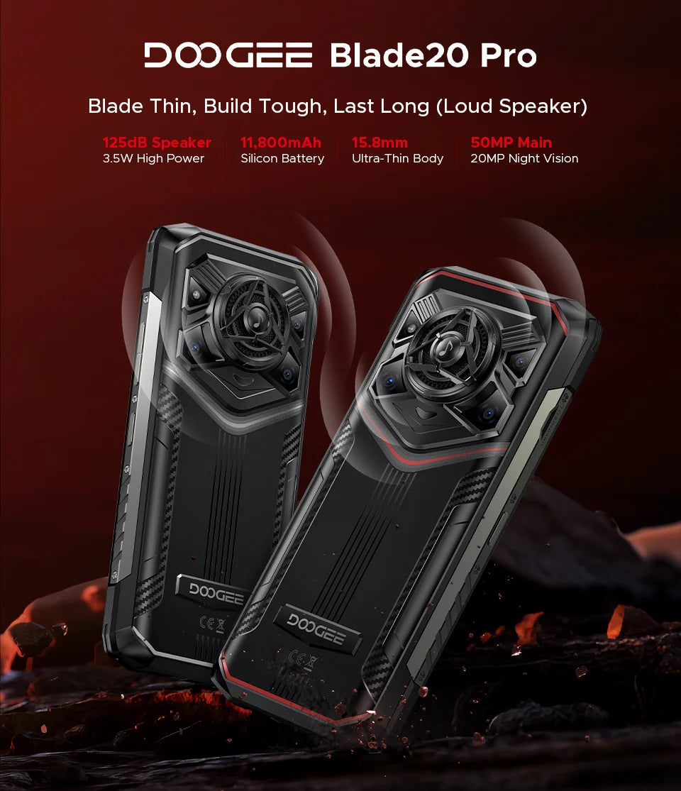 DOOGEE Blade20 Pro Rugged Phone 125dB Speaker Gemini AI 11800mAh Battery 6.6'' Display Android 15 Global Version Smartphone NFC