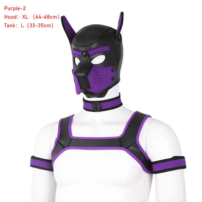 Large Size Puppy Cosplay Neoprene Fetish Hood Mask Kit with Chest Strap Collar Armband Sex Costumes for Bdsm Slave Role Play