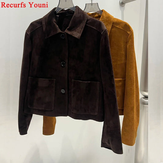 European Imported Kid Suede Leather Jacket for Woman High Grade Turn Down Collar Pocket Short Cropped Coat Long Sleeve Top Mujer