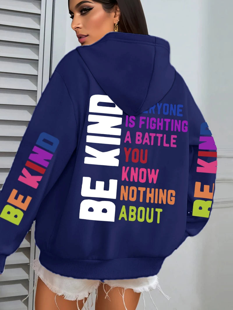 Be Kind Hoodies Women Letter Prints Winter Fleece Warm Hooded Street Pocket Loose Sweatshirts Casual All-match Woman Clothes