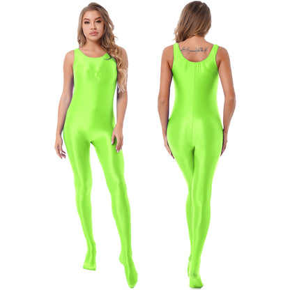 Women's Sleeveless Full Body Bodysuit Glossy Jumpsuit Gymnastics Fitness Swimming Leotard Pole Dance Costume Clubwear Lingerie