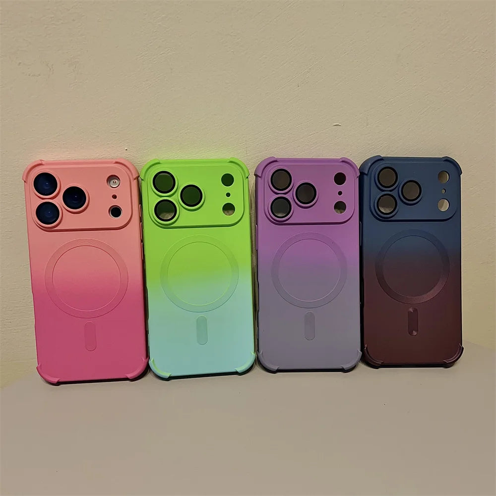 Gradient Color Magnetic Case For iPhone Air 17 16 15 Plus 14 13 12 Pro Max Magsafe Wireless Charging Glass Lens Protective Cover