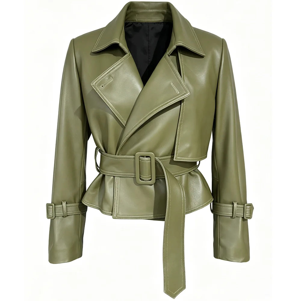 YOLOAgain 2025 Autumn Elegant Real Leather Jacket Coat Women Oversized Leather Jacket With Belt