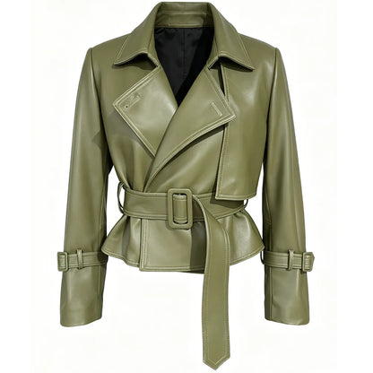 YOLOAgain 2025 Autumn Elegant Real Leather Jacket Coat Women Oversized Leather Jacket With Belt
