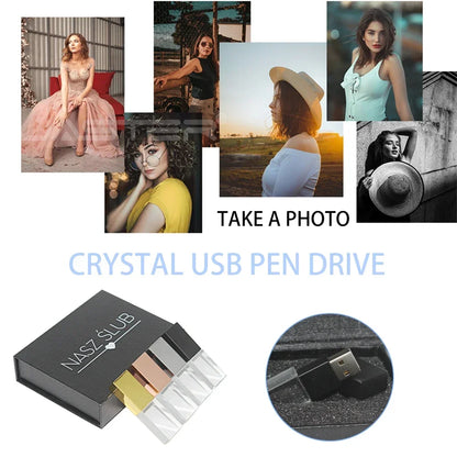 JASTER Crystal Wedding Gifts USB Flash Drives 128GB 3D Laser Engraving Custom Logo Pen Drive 64GB Photography Gift Memory Stick