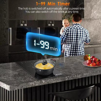 KICHPOWER 30cm 2 plates 1-99 Min Timer Touch Control 3300W Induction Hob