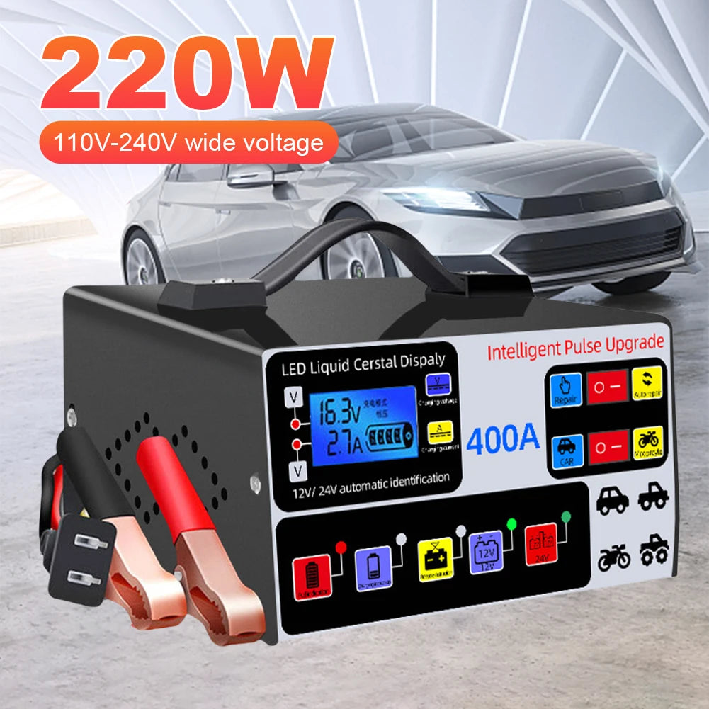 400A Intelligent Pulse Repair Charger Battery High Power Fast Charger 12V/24V Five-Stage Full Automatic Car Battery Charger 220W