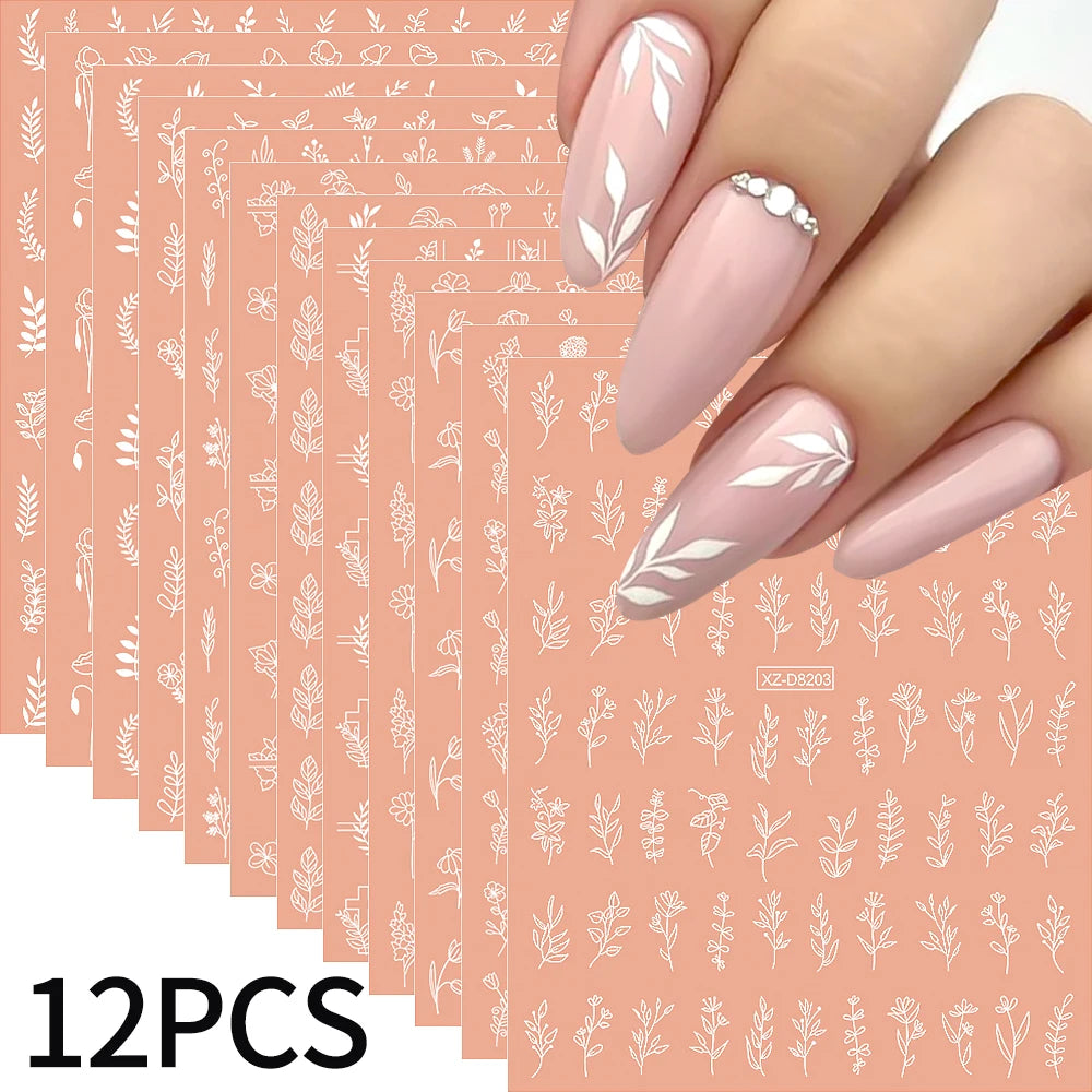 12Pcs 3D Gold Exquisite Flower Leaf Nail Art Stickers Metallic Floral Leaves Self-Adhesive Nail Decals DIY Retro Manicure Decor