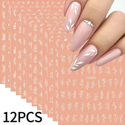 12Pcs 3D Gold Exquisite Flower Leaf Nail Art Stickers Metallic Floral Leaves Self-Adhesive Nail Decals DIY Retro Manicure Decor