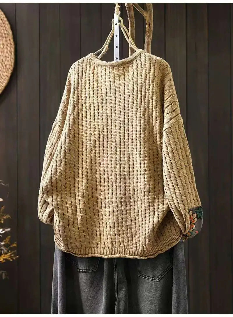 Winter Fall Fashion Vintage Sweater Women's O-neck Loose Casual Lazy-style Casual Pullover Tops Flower Print Patchwork Knitwear