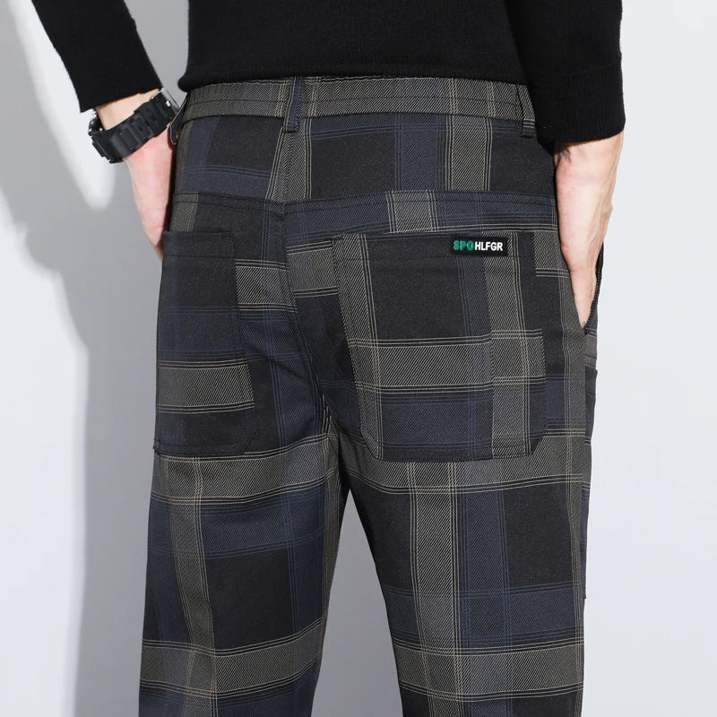 Autumn Winter Luxury Plaid Check Pattern Casual Pants Men Thick Business Elastic Waist Slim Fit Korean Pocket Long Trousers Male