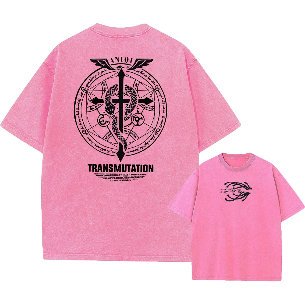Anime Fullmetal Alchemist Acid Tshirt Men Printed Retro Harajuku Style Fashion Streetwear Performance Short Sleeve Top Unisex