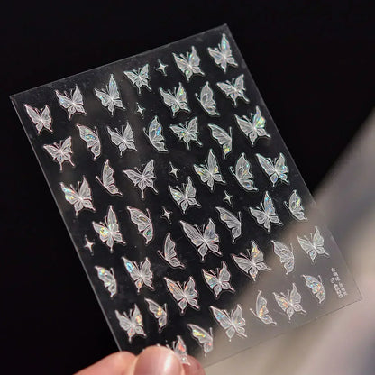 Shiny Jelly Butterfly Charming Golden Gradient Bowknot 5D Self Adhesive Nail Art Sticker Flower Petal Rhinestone Manicure Decals