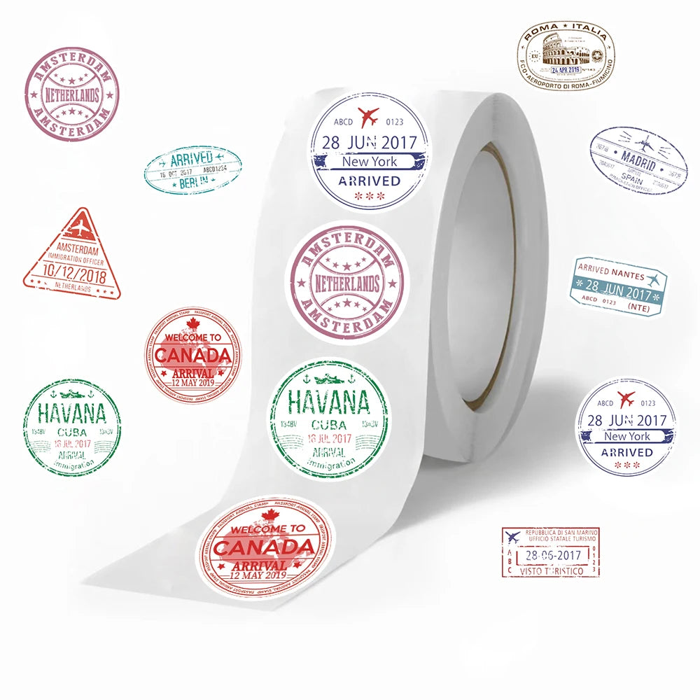 500pcs Passport Stamps Stickers Roll for Scrapbook Journaling Laptop Bumper Skateboard Water Bottles Computer Phone Sticker