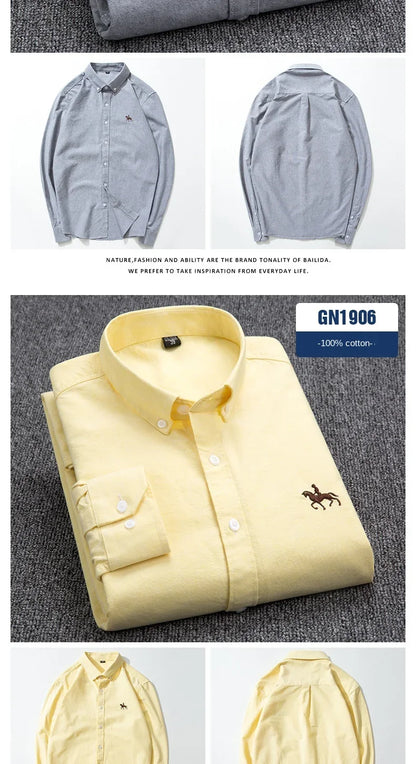 Casual cotton men's shirt slim fit horse logo bottom inch shirt Oxford spinning long sleeved striped shirt