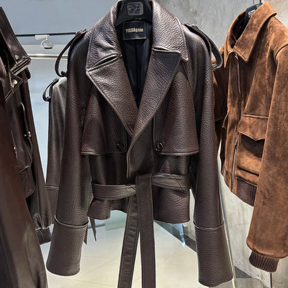 YOLOAgain Vintage Grain Leather Jacket Women Real Leather Sheepskin Jacket With Belt