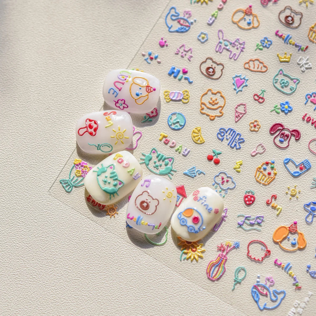 Collage Text English Letter Musical Note Star Graffiti Colorful 5D Love Heart Bowknot Nail Art Sticker Adhesive Manicure Decals