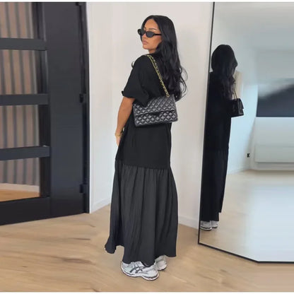 2026 Summer New Loose Patchwork Dresses Women's Pleated Fashion Short Sleeve O-neck Long Robes Female Elegant Casual Dress