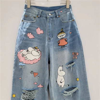 WTHT Fashion Trendy Women's Cartoon Print Hole Straight Jeans 2025 Spring New High Waist Wide Leg Denim Pants Female 1LS1175