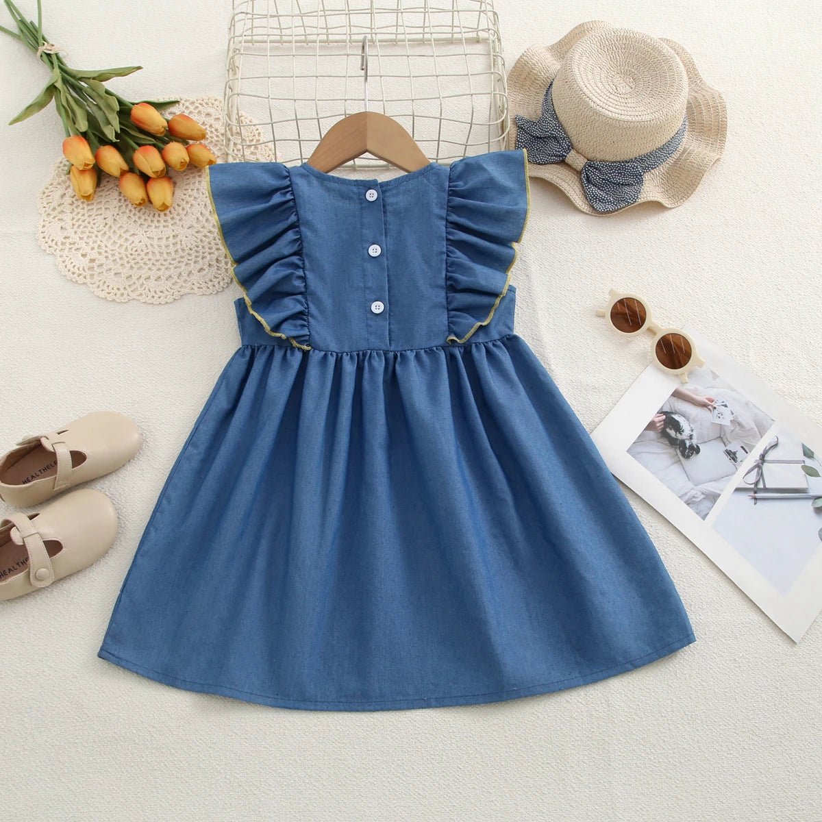 Girls Sweet Dresses Summer  Thin Denim Bow Decoration Flying Sleeve Dress Cute Kids Clothes