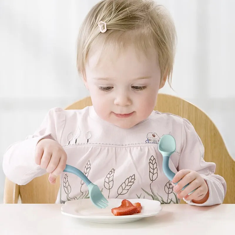Baby Self Feeding Spoon Set 2Pcs, 360 Twist Anti-Drop Silicone Training Spoon + Fork for 6-24 Month Toddler BPA Free