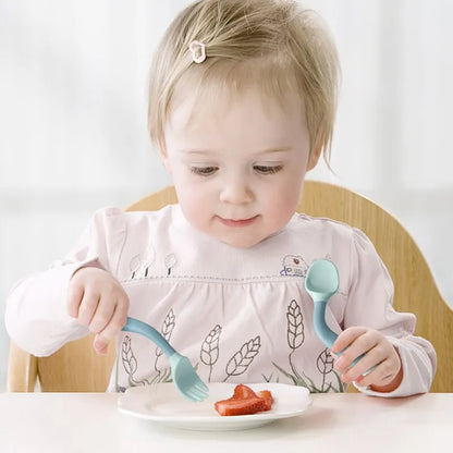 Baby Self Feeding Spoon Set 2Pcs, 360 Twist Anti-Drop Silicone Training Spoon + Fork for 6-24 Month Toddler BPA Free
