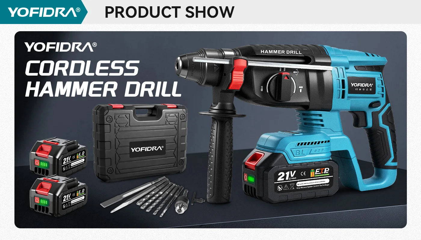 YOFIDRA 26mm Brushless Electric Rotary Hammer Cordless Multifunctional Impact Hammer Drill Power Tools For Makita 18-21V Battery Pin