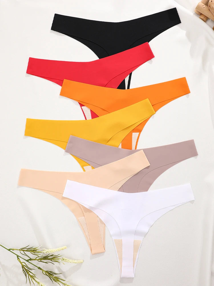 5Pcs Ice Silk Seamless Thongs Women's V-Waist Solid Color Panties Sexy Breathable Low Rise Underwear Invisible Bikini Lingerie