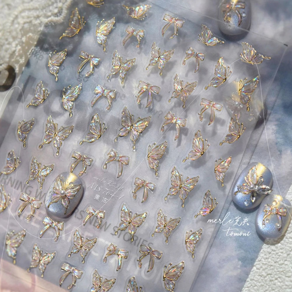 Shiny Jelly Butterfly Charming Golden Gradient Bowknot 5D Self Adhesive Nail Art Sticker Flower Petal Rhinestone Manicure Decals