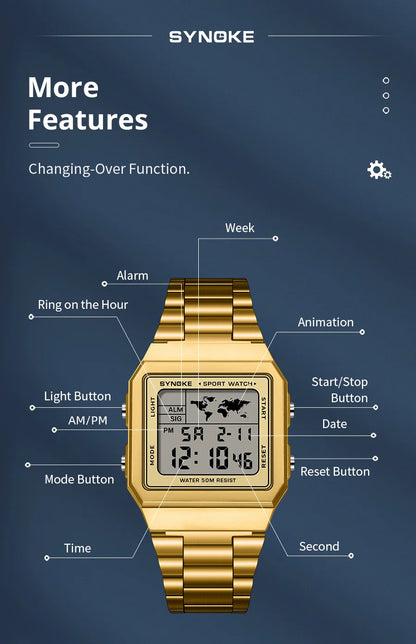 SYNOKE Top Brand Luxury Stainless Steel Chrono Sport Watches Men Back Light Display Digital Wristwatch 5Bar Waterproof Reloj Hom