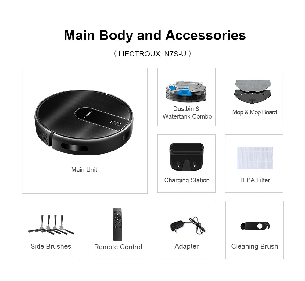 Robot Vacuum Cleaner LIECTROUX N7S-U,Smart Mapping,WiFi App,6KPa,5200MAH ,Brushless Motor,Ideal for Pet Hair