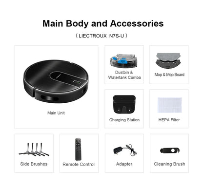 Robot Vacuum Cleaner LIECTROUX N7S-U,Smart Mapping,WiFi App,6KPa,5200MAH ,Brushless Motor,Ideal for Pet Hair