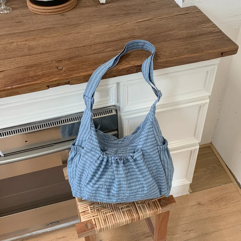 Korean Nylon Shoulder Bag Fashion Simple Plaid Zipper Tote Bag Drawstring Pleated Cloud Bag New Commuter Crossbody Shoulder Bag