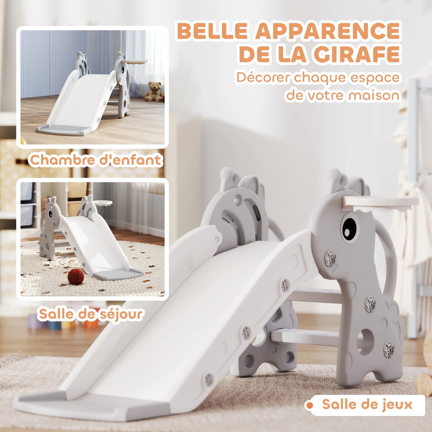 3-in-1 giraffe-shaped children’s slide with a basketball hoop, climbing feature, and balloon, 106x51.5x52 cm, gray