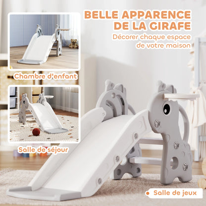 3-in-1 giraffe-shaped children’s slide with a basketball hoop, climbing feature, and balloon, 106x51.5x52 cm, gray