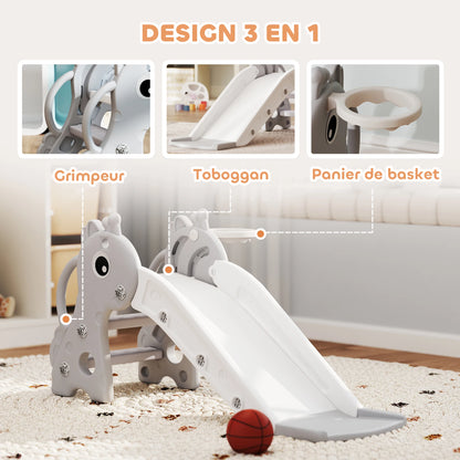 3-in-1 giraffe-shaped children’s slide with a basketball hoop, climbing feature, and balloon, 106x51.5x52 cm, gray