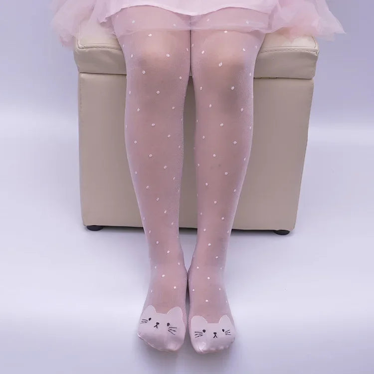 Spring Summer Tights for Girls Cartoon Thin Silk Pantyhose Kids Candy Color Dot Dance Stocking Child Girls Tights with Cats